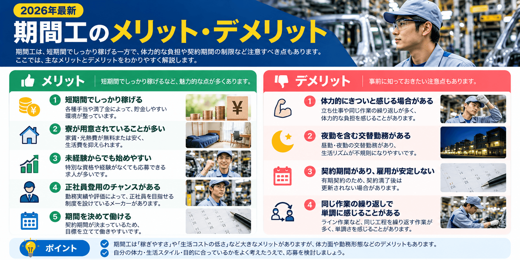 期間工のメリットとデメリットの一覧